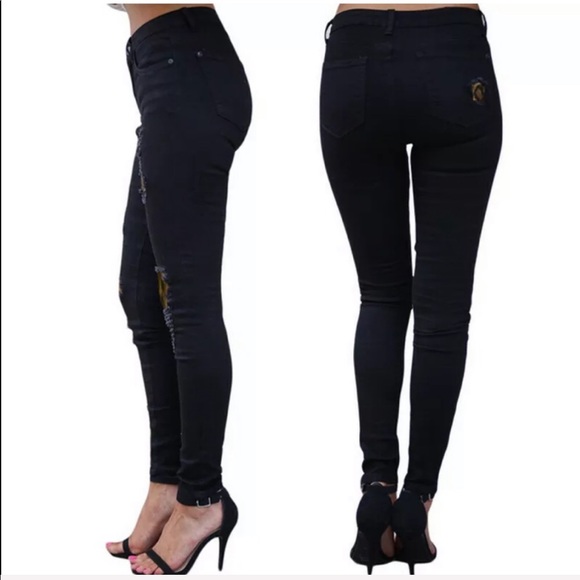 Leopard High Waist Distressed Black Denim Jeans Stretch - Picture 4 of 9